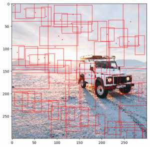 複数の赤い枠で覆われた車の画像